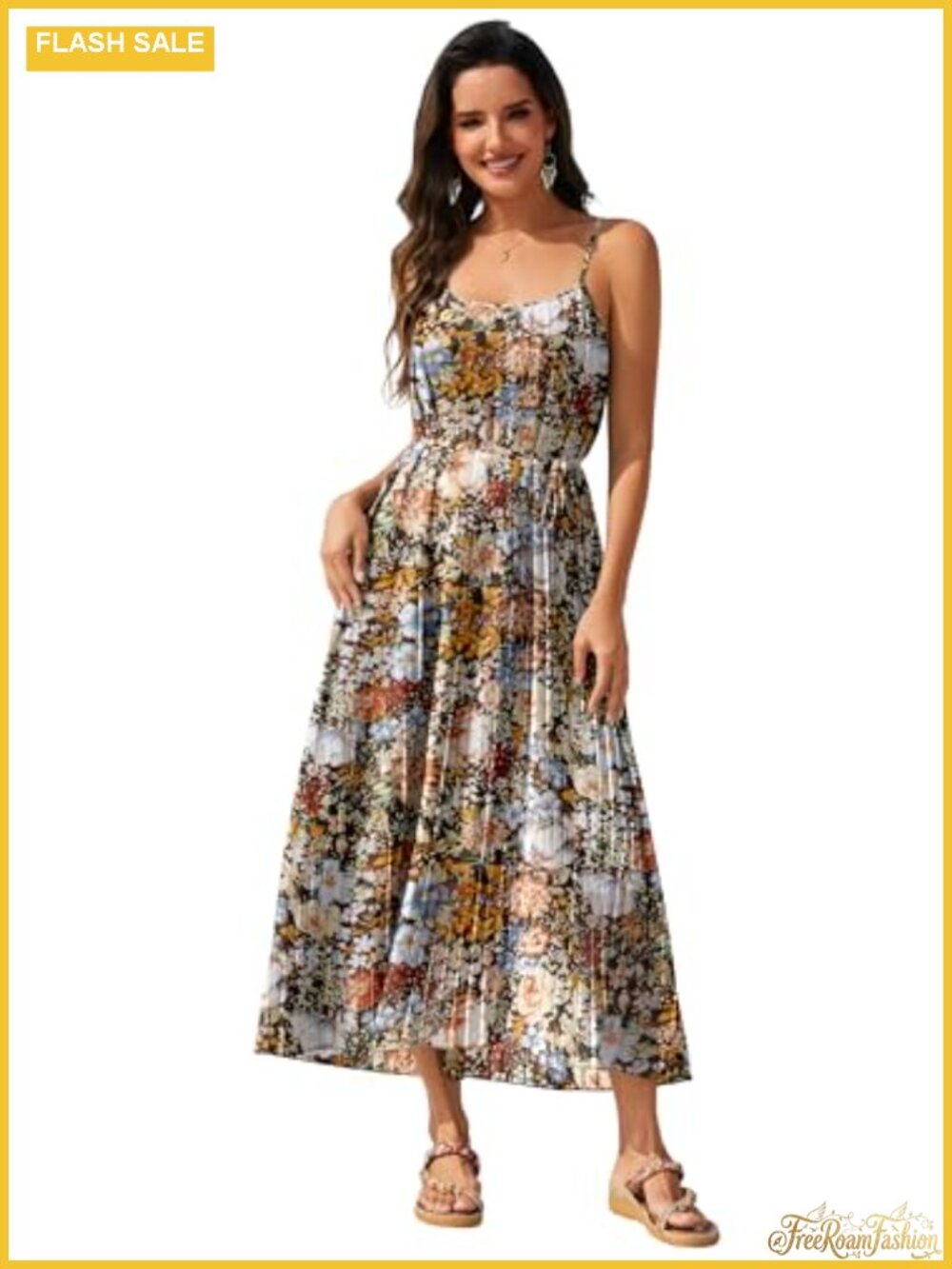 Women's Chiffon Spaghetti Strap Pleated Floral Midi Dress Adjustable Straps